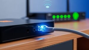 Primer plano de un TV Box conectado por cable Ethernet para garantizar la estabilidad de la señal IPTV HD sin cortes. 