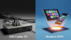 Comparación visual entre el desorden de cables de la televisión tradicional y la interfaz digital limpia de las plataformas IPTV modernas.