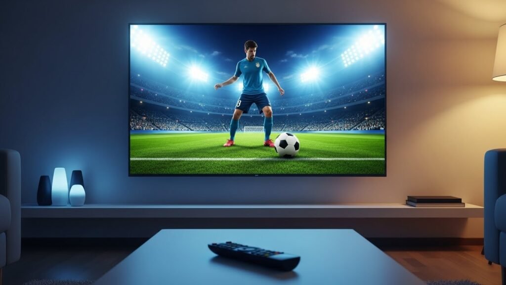 Televisor Smart TV de alta gama mostrando un partido de fútbol en resolución 4K, demostrando la calidad de imagen de IPTV Chile HD.