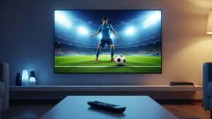 Televisor Smart TV de alta gama mostrando un partido de fútbol en resolución 4K, demostrando la calidad de imagen de IPTV Chile HD.