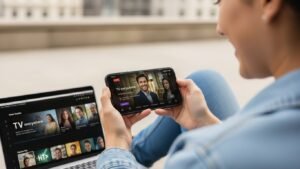 Usuario disfrutando de televisión en vivo desde su teléfono móvil al aire libre, destacando la ventaja de portabilidad de IPTV.